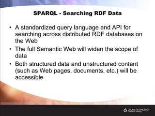 SPARQL - Searching RDF Data A standardized query language and API for searching across distributed RDF databases on the Web The full Semantic Web will widen the scope of data Both structured data and unstructured content (such as Web pages, documents, etc.) will be accessible  
