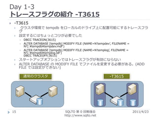 Day 1-3
トレースフラグの紹介 -T3615
    -T3615
        クラスタ環境で tempdb をローカルのドライブ上に配置可能にするトレースフラ
         グ
        設定するにはちょっとコツが必要でした
            DBCC TRACEON(3615)
            ALTER DATABASE [tempdb] MODIFY FILE (NAME=N’tempdev’, FILENAME =
             N’C:¥tempdb¥tempdev.mdf’)
            ALTER DATABASE [tempdb] MODIFY FILE (NAME=N’templog’, FILENAME =
             N’C:¥tempdb¥templog.ldf’)
             DBCC TRACEOFF(3615)
        スタートアップオプションではトレースフラグが有効にならない
        ALTER DATABASE の MODIFY FILE でファイルを変更する必要がある。(ADD
         FILE では設定ができない)

             通常のクラスタ                                             -T3615




    15                               SQLTO 第 0 回勉強会                             2011/4/23
                                     http://www.sqlto.net
 