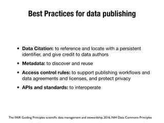Best Practices for data publishing
• Data Citation: to reference and locate with a persistent
identiﬁer, and give credit to data authors
• Metadata: to discover and reuse
• Access control rules: to support publishing workﬂows and
data agreements and licenses, and protect privacy
• APIs and standards: to interoperate
The FAIR Guiding Principles scientiﬁc data management and stewardship, 2016; NIH Data Commons Principles
 