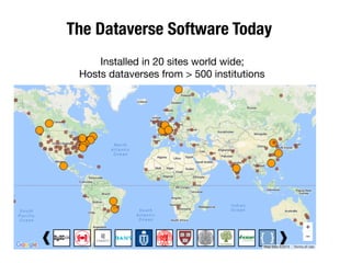 The Dataverse Software Today
Installed in 20 sites world wide; 

Hosts dataverses from > 500 institutions
 