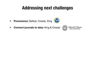 Addressing next challenges
• Provenance: Seltzer, Crosas, King
• Connect journals to data: King & Crosas
 