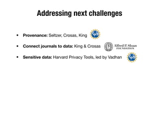 Addressing next challenges
• Provenance: Seltzer, Crosas, King
• Connect journals to data: King & Crosas
• Sensitive data: Harvard Privacy Tools, led by Vadhan
 