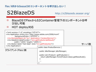 Flex/AIRからSeasar2のコンポーネントを呼び出したい！


 S2BlazeDS                                                   http://s2blazeds.seasar.org/

      BlazeDSでFlexからS2Container管理下のコンポーネントを呼
       び出し可能
      HOT deploy対応
<?xml version="1.0" encoding="UTF-8"?>
<mx:Application xmlns:mx="http://www.adobe.com/2006/mxml"
          backgroundColor="#FFFFFF">
 <mx:RemoteObject id="srv" destination="productService"/>
 <mx:DataGrid dataProvider="{srv.getProducts.lastResult}"
         width="100%" height="100%"/>
 <mx:Button label="Get Data" click="srv.getProducts()"/>                                     サーバ側
</mx:Application>
                                     public class ProductService {
クライアント（Flex）側                             public JdbcManager jdbcManager;

                                          public List<Product> getProducts() {
                                            return jdbcManager.from(Product.class).getResultList();
                                          }
                                          ...
                                      }
 