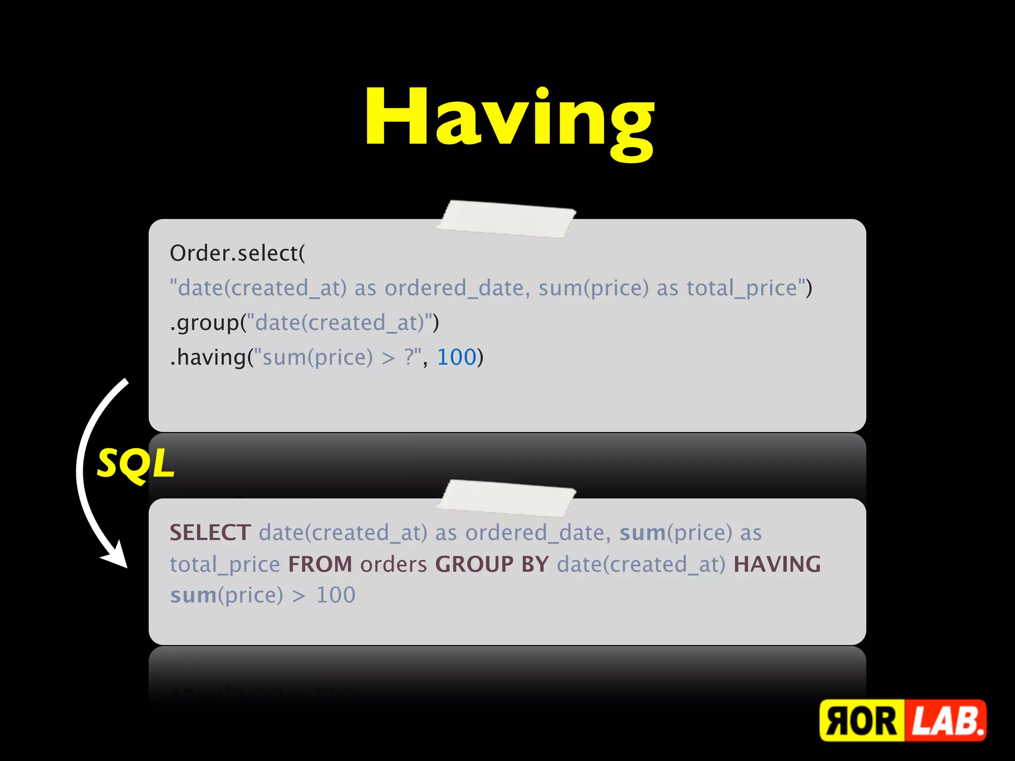 Having
  Order.select(
  "date(created_at) as ordered_date, sum(price) as total_price")
  .group("date(created_at)")
  .having("sum(price) > ?", 100)




SQL
  SELECT date(created_at) as ordered_date, sum(price) as
  total_price FROM orders GROUP BY date(created_at) HAVING
  sum(price) > 100
 
