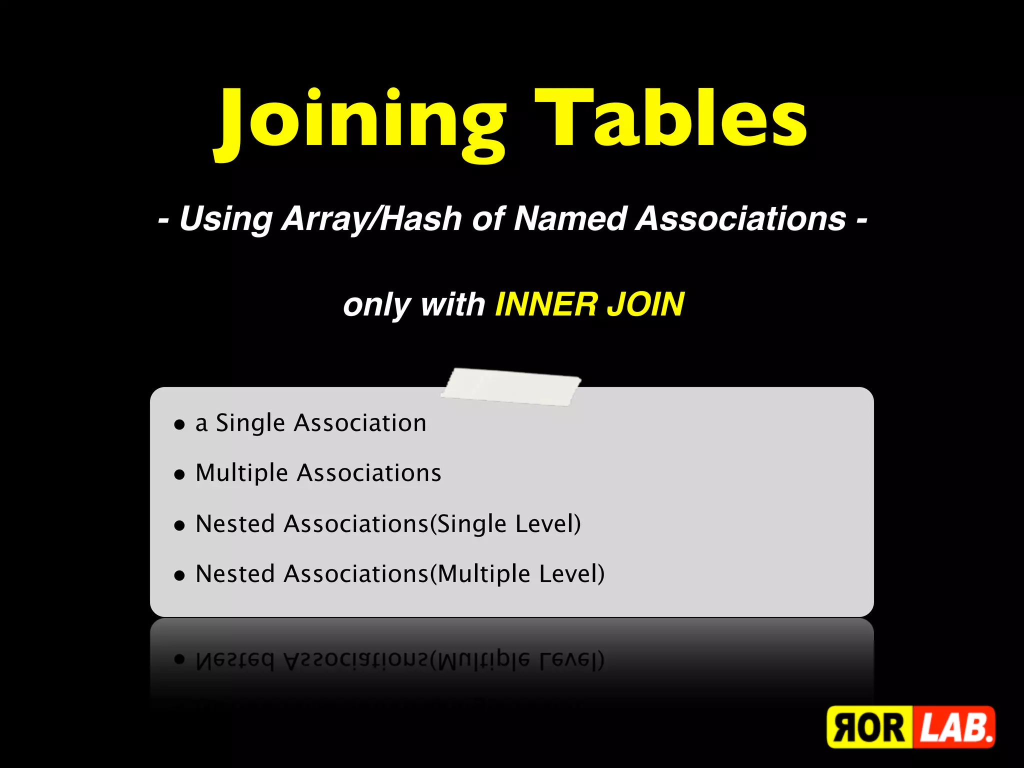 Joining Tables
- Using Array/Hash of Named Associations -

              only with INNER JOIN


• a Single Association
• Multiple Associations
• Nested Associations(Single Level)
• Nested Associations(Multiple Level)
 