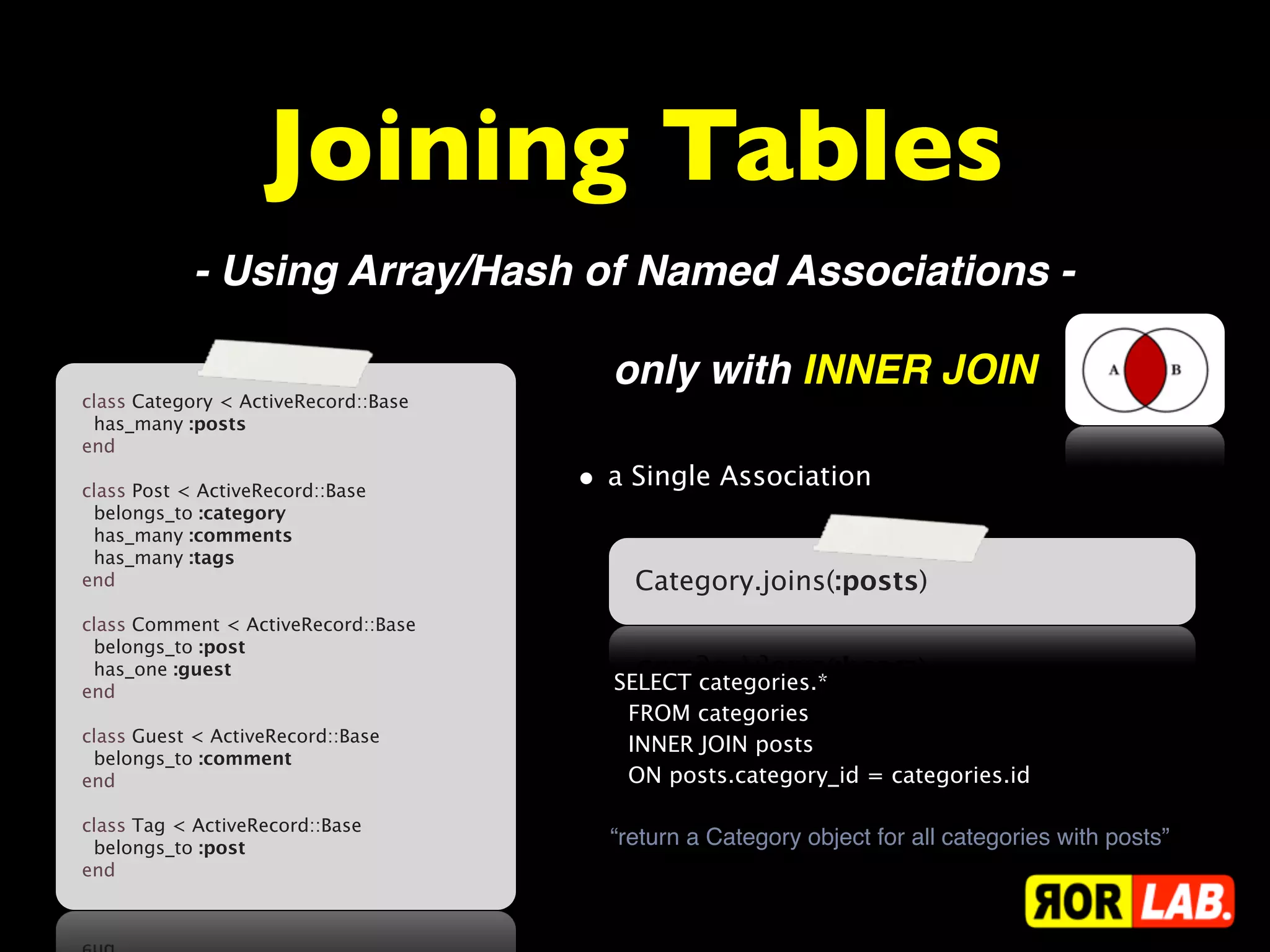 Joining Tables
           - Using Array/Hash of Named Associations -

                                        only with INNER JOIN
class Category < ActiveRecord::Base
  has_many :posts
end
 
class Post < ActiveRecord::Base       • a Single Association
  belongs_to :category
  has_many :comments
  has_many :tags
end                                       Category.joins(:posts)
 
class Comment < ActiveRecord::Base
  belongs_to :post
  has_one :guest
end                                     SELECT categories.*
                                          FROM categories
class Guest < ActiveRecord::Base          INNER JOIN posts
  belongs_to :comment
end                                       ON posts.category_id = categories.id
 
class Tag < ActiveRecord::Base
  belongs_to :post                      “return a Category object for all categories with posts”
end
 