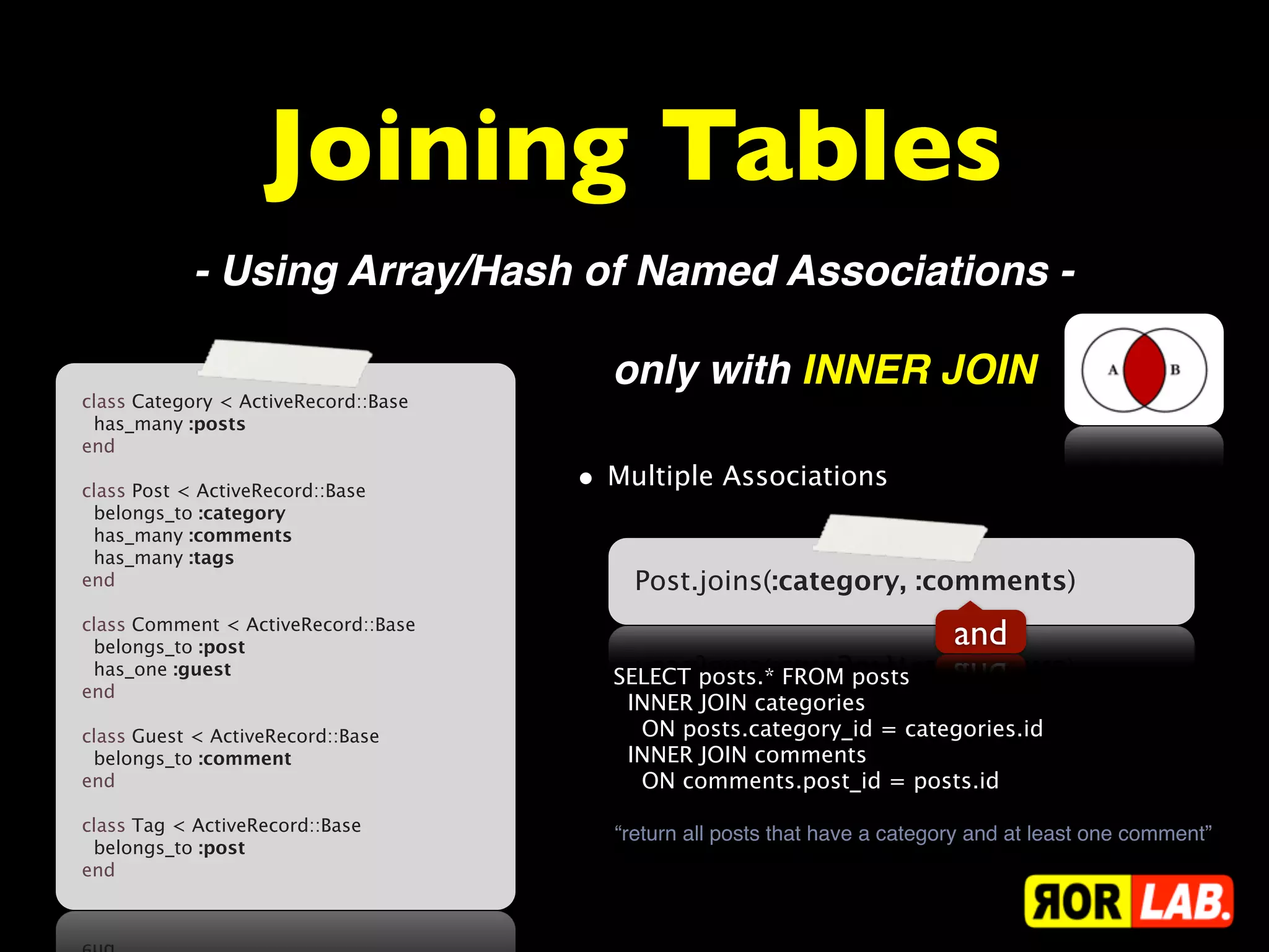 Joining Tables
           - Using Array/Hash of Named Associations -

                                        only with INNER JOIN
class Category < ActiveRecord::Base
  has_many :posts
end
 
class Post < ActiveRecord::Base       • Multiple Associations
  belongs_to :category
  has_many :comments
  has_many :tags
end                                       Post.joins(:category, :comments)
 
class Comment < ActiveRecord::Base
  belongs_to :post                                                          and
  has_one :guest                        SELECT posts.* FROM posts
end
 
                                          INNER JOIN categories
class Guest < ActiveRecord::Base           ON posts.category_id = categories.id
  belongs_to :comment                     INNER JOIN comments
end                                        ON comments.post_id = posts.id
 
class Tag < ActiveRecord::Base          “return all posts that have a category and at least one comment”
  belongs_to :post
end
 