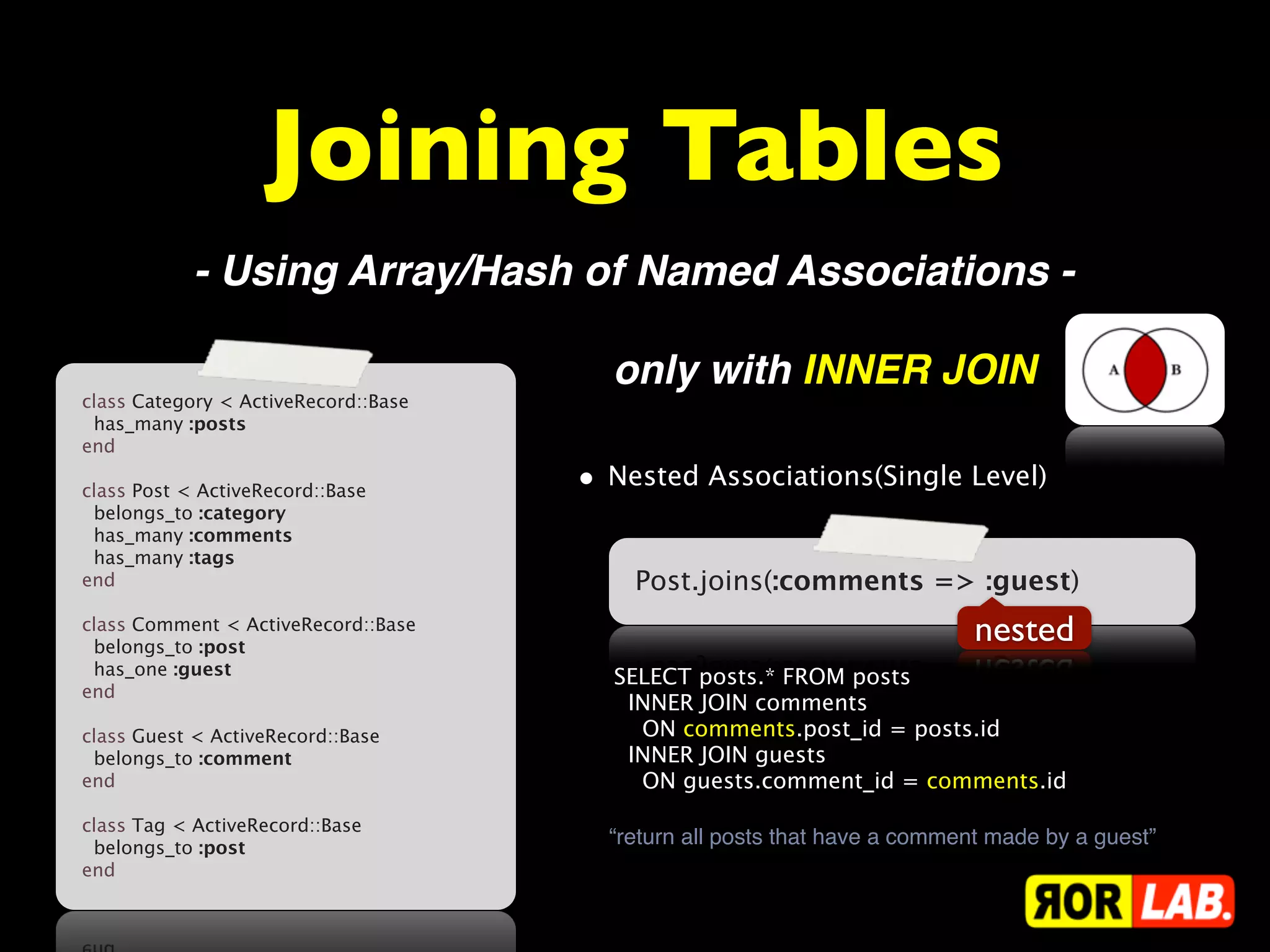 Joining Tables
           - Using Array/Hash of Named Associations -

                                        only with INNER JOIN
class Category < ActiveRecord::Base
  has_many :posts
end
 
class Post < ActiveRecord::Base       • Nested Associations(Single Level)
  belongs_to :category
  has_many :comments
  has_many :tags
end                                       Post.joins(:comments => :guest)
 
class Comment < ActiveRecord::Base
  belongs_to :post
                                                                            nested
  has_one :guest                        SELECT posts.* FROM posts
end
 
                                          INNER JOIN comments
class Guest < ActiveRecord::Base           ON comments.post_id = posts.id
  belongs_to :comment                     INNER JOIN guests
end                                        ON guests.comment_id = comments.id
 
class Tag < ActiveRecord::Base
  belongs_to :post
                                        “return all posts that have a comment made by a guest”
end
 