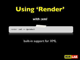 Using ‘Render’
                     with :xml

render :xml => @product




            built-in support for XML
 