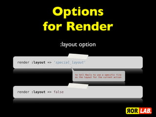 Options
            for Render
                     :layout option

render :layout => 'special_layout'


                            to tell Rails to use a specific file
                            as the layout for the current action




render :layout => false
 