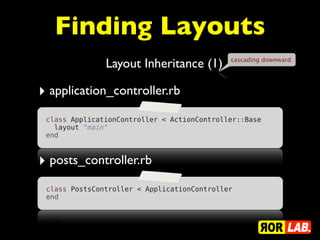 Finding Layouts
               Layout Inheritance (1)        cascading downward




‣ application_controller.rb
 class ApplicationController < ActionController::Base
   layout "main"
 end



‣ posts_controller.rb
 class PostsController < ApplicationController
 end
 