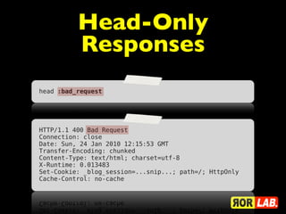 Head-Only
          Responses
head :bad_request




HTTP/1.1 400 Bad Request
Connection: close
Date: Sun, 24 Jan 2010 12:15:53 GMT
Transfer-Encoding: chunked
Content-Type: text/html; charset=utf-8
X-Runtime: 0.013483
Set-Cookie: _blog_session=...snip...; path=/; HttpOnly
Cache-Control: no-cache
 