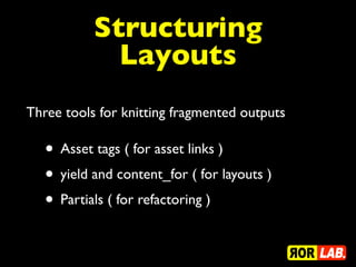 Structuring
             Layouts
Three tools for knitting fragmented outputs

   • Asset tags ( for asset links )
   • yield and content_for ( for layouts )
   • Partials ( for refactoring )
 