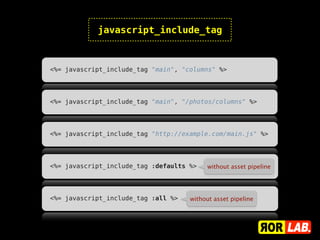 javascript_include_tag



<%= javascript_include_tag "main", "columns" %>




<%= javascript_include_tag "main", "/photos/columns" %>




<%= javascript_include_tag "http://example.com/main.js" %>




<%= javascript_include_tag :defaults %>    without asset pipeline




<%= javascript_include_tag :all %>   without asset pipeline
 