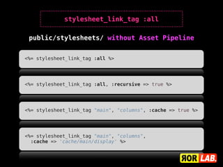 stylesheet_link_tag :all

 public/stylesheets/ without Asset Pipeline


<%= stylesheet_link_tag :all %>




<%= stylesheet_link_tag :all, :recursive => true %>




<%= stylesheet_link_tag "main", "columns", :cache => true %>




<%= stylesheet_link_tag "main", "columns",
  :cache => 'cache/main/display' %>
 