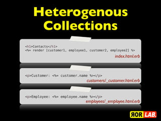 Heterogenous
     Collections
<h1>Contacts</h1>
<%= render [customer1, employee1, customer2, employee2] %>
                                               index.html.erb



<p>Customer: <%= customer.name %></p>
                                customers/_customer.html.erb


<p>Employee: <%= employee.name %></p>
                                employees/_employee.html.erb
 