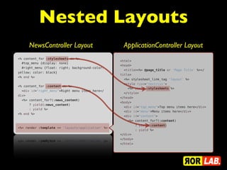 Nested Layouts
     NewsController Layout                           ApplicationController Layout
<% content_for :stylesheets do %>
                                                   <html>
  #top_menu {display: none}
                                                   <head>
  #right_menu {float: right; background-color:
                                                     <title><%= @page_title or 'Page Title' %></
yellow; color: black}
                                                   title>
<% end %>
                                                     <%= stylesheet_link_tag 'layout' %>
                                                     <style type="text/css">
<% content_for :content do %>
                                                       <%= yield :stylesheets %>
  <div id="right_menu">Right menu items here</
                                                     </style>
div>
                                                   </head>
  <%= content_for?(:news_content)
                                                   <body>
      ? yield(:news_content)
                                                     <div id="top_menu">Top menu items here</div>
      : yield %>
                                                     <div id="menu">Menu items here</div>
<% end %>
                                                     <div id="content">
                                                       <%= content_for?(:content)
                                                           ? yield(:content)
<%= render :template => 'layouts/application' %>
                                                           : yield %>
                                                   </div>
                                                   </body>
                                                   </html>
 