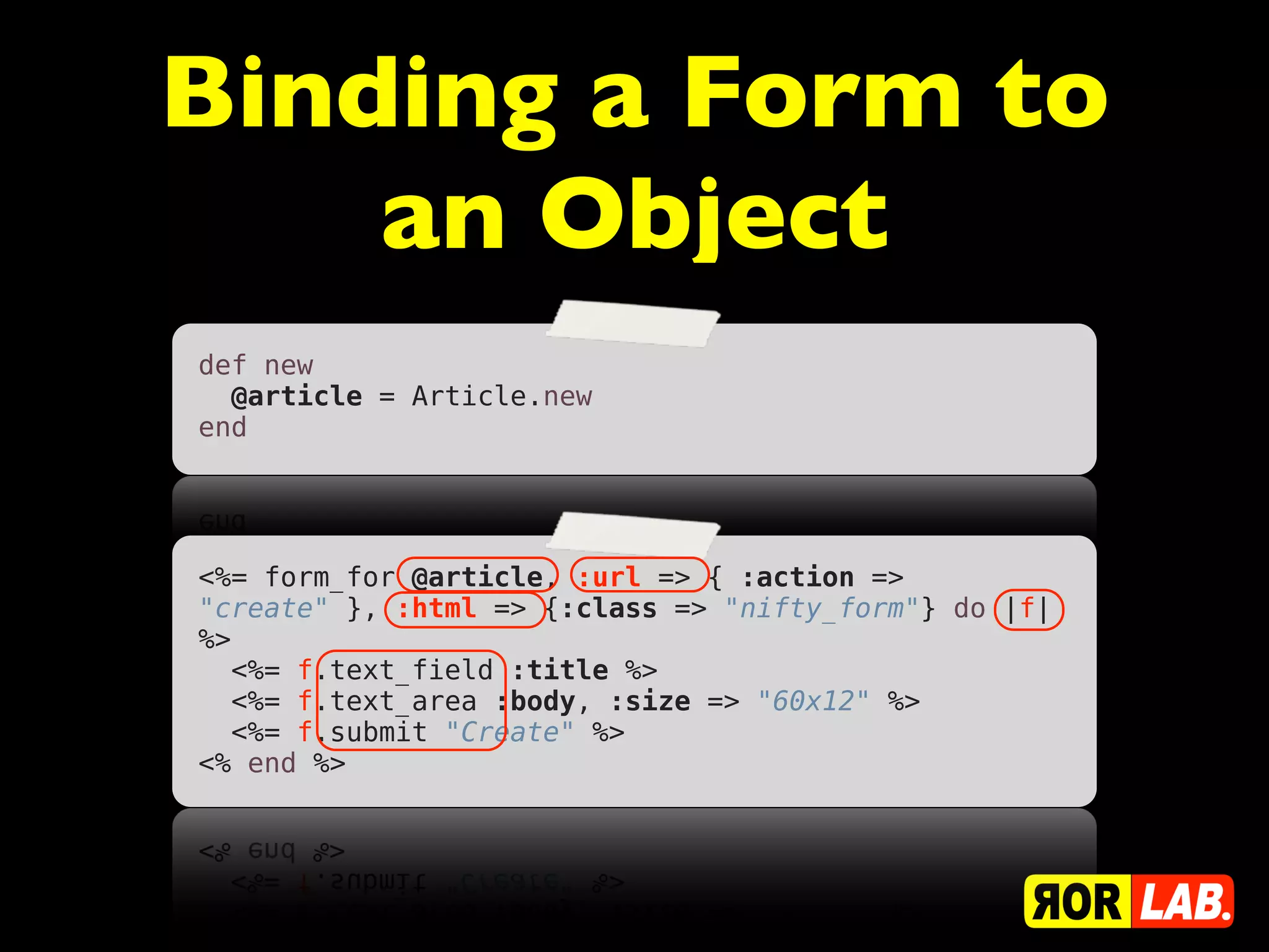 Binding a Form to
    an Object
def new
  @article = Article.new
end




<%= form_for @article, :url => { :action =>
"create" }, :html => {:class => "nifty_form"} do |f|
%>
  <%= f.text_field :title %>
  <%= f.text_area :body, :size => "60x12" %>
  <%= f.submit "Create" %>
<% end %>
 