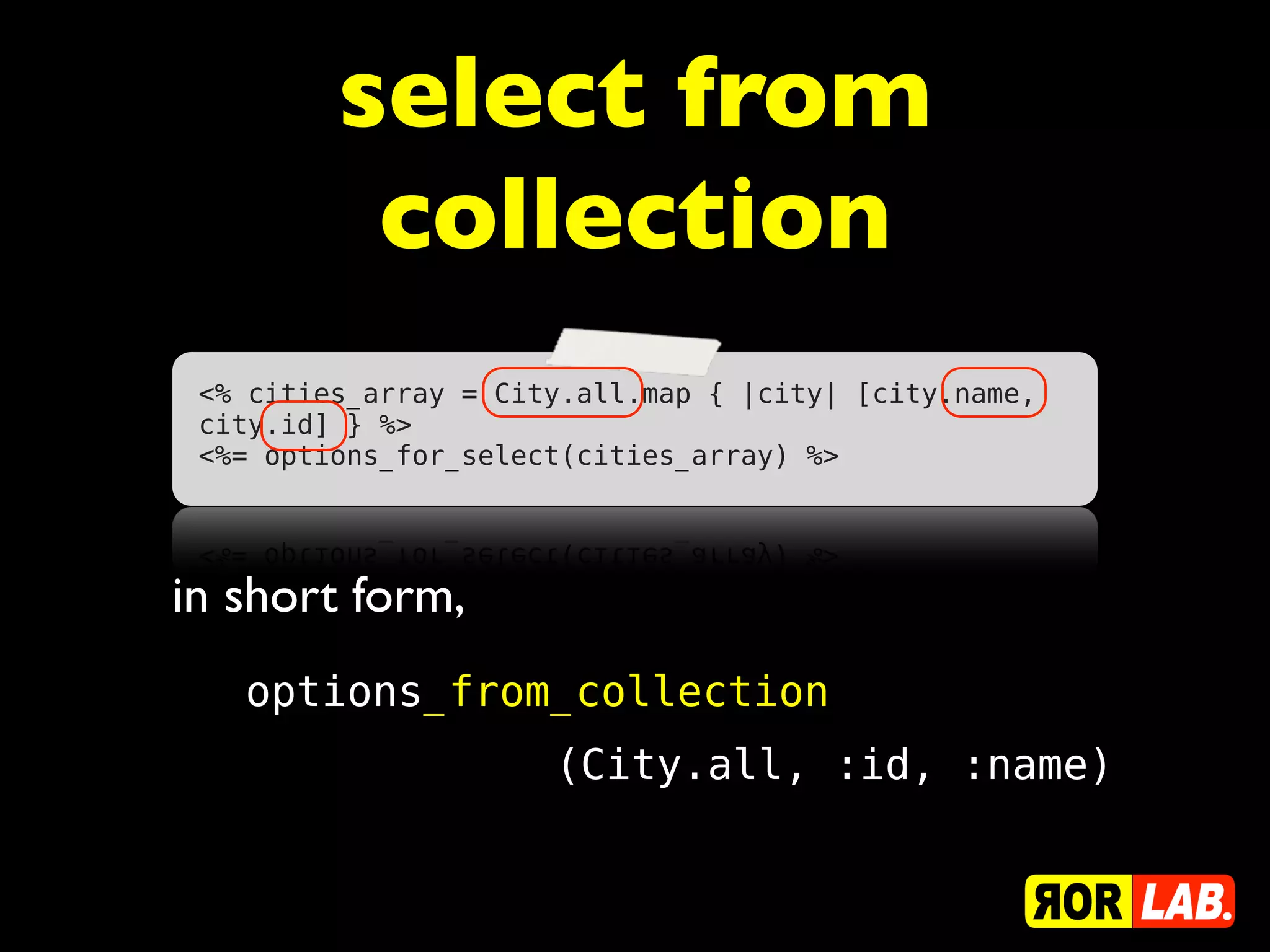 select from
          collection
 <% cities_array = City.all.map { |city| [city.name,
 city.id] } %>
 <%= options_for_select(cities_array) %>




in short form,
   options_from_collection
                      (City.all, :id, :name)
 