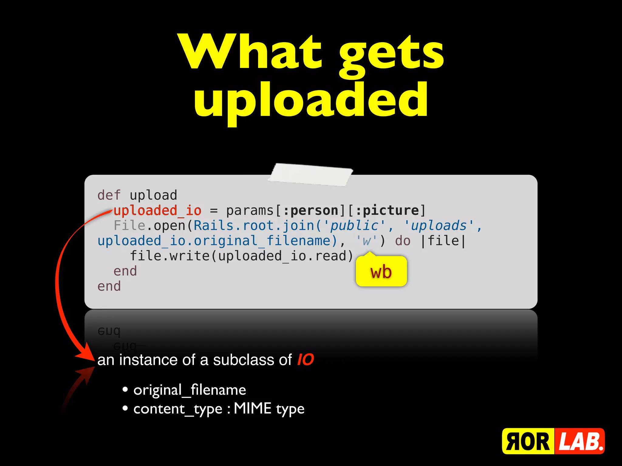 What gets
           uploaded
def upload
  uploaded_io = params[:person][:picture]
  uploaded_io
  File.open(Rails.root.join('public', 'uploads',
uploaded_io.original_filename), 'w') do |file|
    file.write(uploaded_io.read)
  end                             wb
end




an instance of a subclass of IO
   • original_ﬁlename
   • content_type : MIME type
 