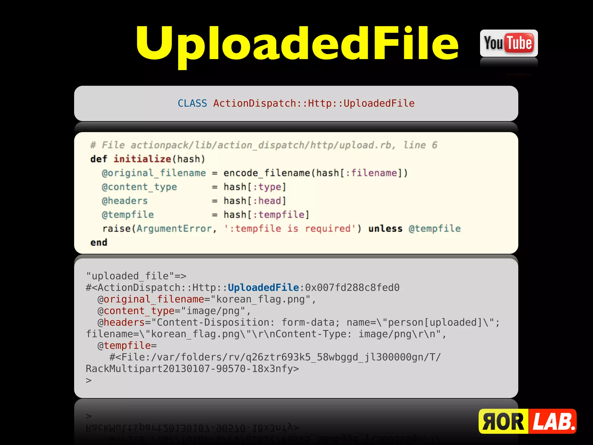 UploadedFile
               CLASS ActionDispatch::Http::UploadedFile




"uploaded_file"=>
#<ActionDispatch::Http::UploadedFile:0x007fd288c8fed0
  @original_filename="korean_flag.png",
  @content_type="image/png",
  @headers="Content-Disposition: form-data; name="person[uploaded]";
filename="korean_flag.png"rnContent-Type: image/pngrn",
  @tempfile=
    #<File:/var/folders/rv/q26ztr693k5_58wbggd_jl300000gn/T/
RackMultipart20130107-90570-18x3nfy>
>
 