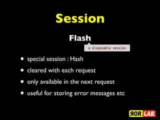Session
• special session : Hash
• cleared with each request
• only available in the next request
• useful for storing error messages etc
Flash
a disposable session
 