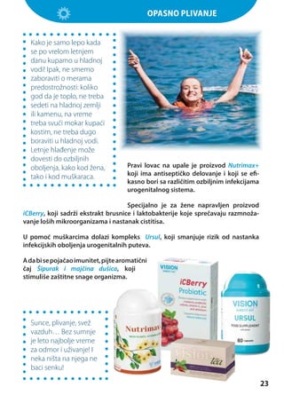 Opasno plivanje
Kako je samo lepo kada
se po vrelom letnjem
danu kupamo u hladnoj
vodi! Ipak, ne smemo
zaboraviti o merama
predostrožnosti: koliko
god da je toplo, ne treba
sedeti na hladnoj zemlji
ili kamenu, na vreme
treba svući mokar kupaći
kostim, ne treba dugo
boraviti u hladnoj vodi.
Letnje hlađenje može
dovesti do ozbiljnih
oboljenja, kako kod žena,
tako i kod muškaraca.

Pravi lovac na upale je proizvod Nutrimax+
koji ima antiseptičko delovanje i koji se efikasno bori sa različitim ozbiljnim infekcijama
urogenitalnog sistema.

Specijalno je za žene napravljen proizvod
iCBerry, koji sadrži ekstrakt brusnice i laktobakterije koje sprečavaju razmnožavanje loših mikroorganizama i nastanak cistitisa.
U pomoć muškarcima dolazi kompleks Ursul, koji smanjuje rizik od nastanka
infekcijskih oboljenja urogenitalnih puteva.
A da bi se pojačao imunitet, pijte aromatični
čaj Šipurak i majčina dušica, koji
stimuliše zaštitne snage organizma.

Sunce, plivanje, svež
vazduh… Bez sumnje
je leto najbolje vreme
za odmor i uživanje! I
neka ništa na njega ne
baci senku!

23

 