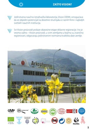 Zašto Vision?

	 Jedinstvena naučno-istraživačka laboratorija, Vision DEM4, omogućava
da se objedini potencijal na desetine stručnjaka iz raznih firmi i najboljih
svetskih naučnih institucija.
	 Svi Vision proizvodi prolaze obavezne etape državne registracije. I to je
veoma važno – Vision proizvodi, u svim zemljama u kojima su zvanično
registrovani, odgovaraju jedinstvenim normama kvaliteta date zemlje.

5

 