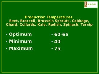 Production Temperatures
Beet, Broccoli, Brussels Sprouts, Cabbage,
Chard, Collards, Kale, Radish, Spinach, Turnip
• Optimum
• Minimum
• Maximum
• 60-65
• 40
• 75
 