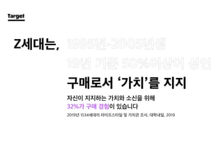 자신이 지지하는 가치와 소신을 위해
32%가 구매 경험이 있습니다
2019년 1534세대의 라이프스타일 및 가치관 조사, 대학내일, 2019
Target
Z세대는,
구매로서 ‘가치’를 지지
 