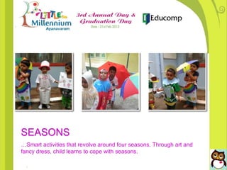 SEASONS
…Smart activities that revolve around four seasons. Through art and
fancy dress, child learns to cope with seasons.
 
