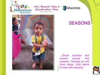 …Smart activities that
revolve around four
seasons. Through art and
fancy dress, child learns
to cope with seasons.
SEASONS
 