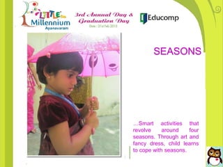 …Smart activities that
revolve around four
seasons. Through art and
fancy dress, child learns
to cope with seasons.
SEASONS
 