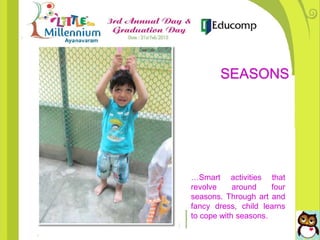 …Smart activities that
revolve around four
seasons. Through art and
fancy dress, child learns
to cope with seasons.
SEASONS
 