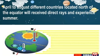 April to august different countries located north of
the equator will received direct rays and experience
summer.
 