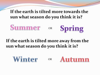 If the earth is tilted more towards the
  sun what season do you think it is?

                     OR




If the earth is tilted more away from the
sun what season do you think it is?

                    OR
 