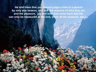He told them that you cannot judge a tree or a person by only one season, and that the essence of who they are  and the pleasure,  joy and love that come from that life   can only be measured at the end, when all the seasons  are up. 