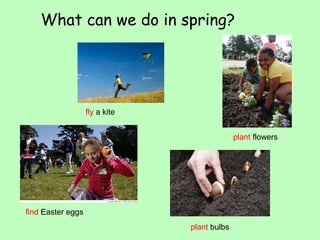 What can we do in spring? 
fly a kite 
plant flowers 
plant bulbs 
find Easter eggs 
 