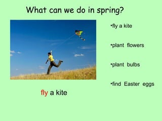 What can we do in spring? 
•fly a kite 
•plant flowers 
•plant bulbs 
•find Easter eggs 
fly a kite 
 