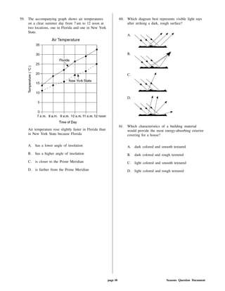 59. The accompanying graph shows air temperatures
on a clear summer day from 7 am to 12 noon at
two locations, one in Florida and one in New York
State.
Air temperature rose slightly faster in Florida than
in New York State because Florida
A. has a lower angle of insolation
B. has a higher angle of insolation
C. is closer to the Prime Meridian
D. is farther from the Prime Meridian
60. Which diagram best represents visible light rays
after striking a dark, rough surface?
A.
B.
C.
D.
61. Which characteristics of a building material
would provide the most energy-absorbing exterior
covering for a house?
A. dark colored and smooth textured
B. dark colored and rough textured
C. light colored and smooth textured
D. light colored and rough textured
page 18 Seasons Question Document
 