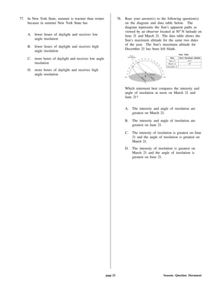 77. In New York State, summer is warmer than winter
because in summer New York State has
A. fewer hours of daylight and receives low
angle insolation
B. fewer hours of daylight and receives high
angle insolation
C. more hours of daylight and receives low angle
insolation
D. more hours of daylight and receives high
angle insolation
78. Base your answer(s) to the following question(s)
on the diagram and data table below. The
diagram represents the Sun's apparent paths as
viewed by an observer located at 50 N latitude on
June 21 and March 21. The data table shows the
Sun's maximum altitude for the same two dates
of the year. The Sun's maximum altitude for
December 21 has been left blank.
Data Table
Date Sun's Maximum Altitude
June 21 63.5
March 21 40
December 21
Which statement best compares the intensity and
angle of insolation at noon on March 21 and
June 21?
A. The intensity and angle of insolation are
greatest on March 21.
B. The intensity and angle of insolation are
greatest on June 21.
C. The intensity of insolation is greatest on June
21 and the angle of insolation is greatest on
March 21.
D. The intensity of insolation is greatest on
March 21 and the angle of insolation is
greatest on June 21.
page 23 Seasons Question Document
 