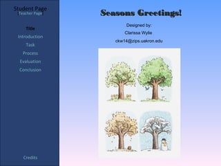Student Page
 [Teacher Page]   Seasons Greetings!
                         Designed by:
     Title
                         Clarissa Wylie
 Introduction
                     ckw14@zips.uakron.edu
     Task
   Process
  Evaluation
  Conclusion




    Credits
 