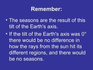 Remember:
• The seasons are the result of this
tilt of the Earth's axis.
• If the tilt of the Earth's axis was 0°
there would be no difference in
how the rays from the sun hit its
different regions, and there would
be no seasons.
 