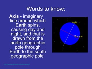 Words to know:
Axis - imaginary
line around which
Earth spins,
causing day and
night, and that is
drawn from the
north geographic
pole through
Earth to the south
geographic pole
http://vortex.plymouth.edu/sun/axis.gif
 