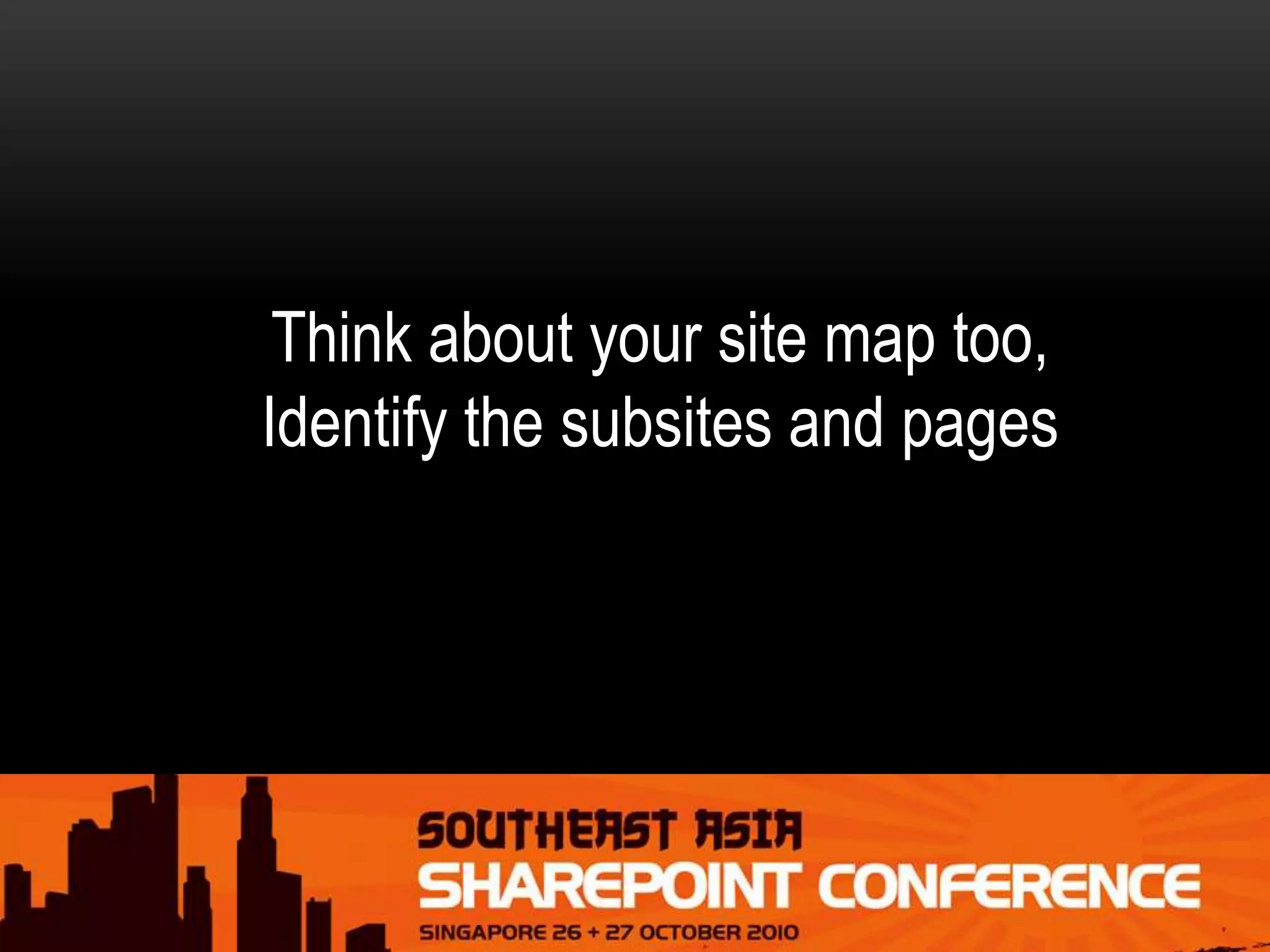 Think about your site map too,
Identify the subsites and pages
 