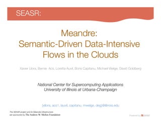 SEASR: 

                 Meandre: !
        Semantic-Driven Data-Intensive !
            Flows in the Clouds 
         Xavier Llora, Bernie Acs, Loretta Auvil, Boris Capitanu, Michael Welge, David Goldberg




                           National Center for Supercomputing Applications!
                              University of Illinois at Urbana-Champaign
                                                                       


                               {xllora, acs1, lauvil, capitanu, mwelge, deg}@illinois.edu
The SEASR project and its Meandre infrastructure!
are sponsored by The Andrew W. Mellon Foundation
 