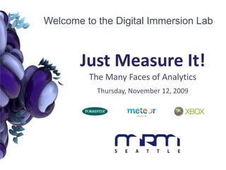 Welcome to the Digital Immersion Lab Just Measure It!The Many Faces of Analytics Thursday, November 12, 2009 
