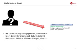 Möglichkeiten in Search
27
Abnehmen mit Chiasamen
www.nu3.de/Chia-Samen
Stuttgart aufgepasst: Nur heute 35%
sparen. Jetzt bestelllen!
- Hat bereits Display Anzeige gesehen, auf FitForFun
- Ist im Newsletter angemeldet, dadurch bekannt:
Geschlecht: Weiblich, Wohnort: Stuttgart, Alter: 35
 