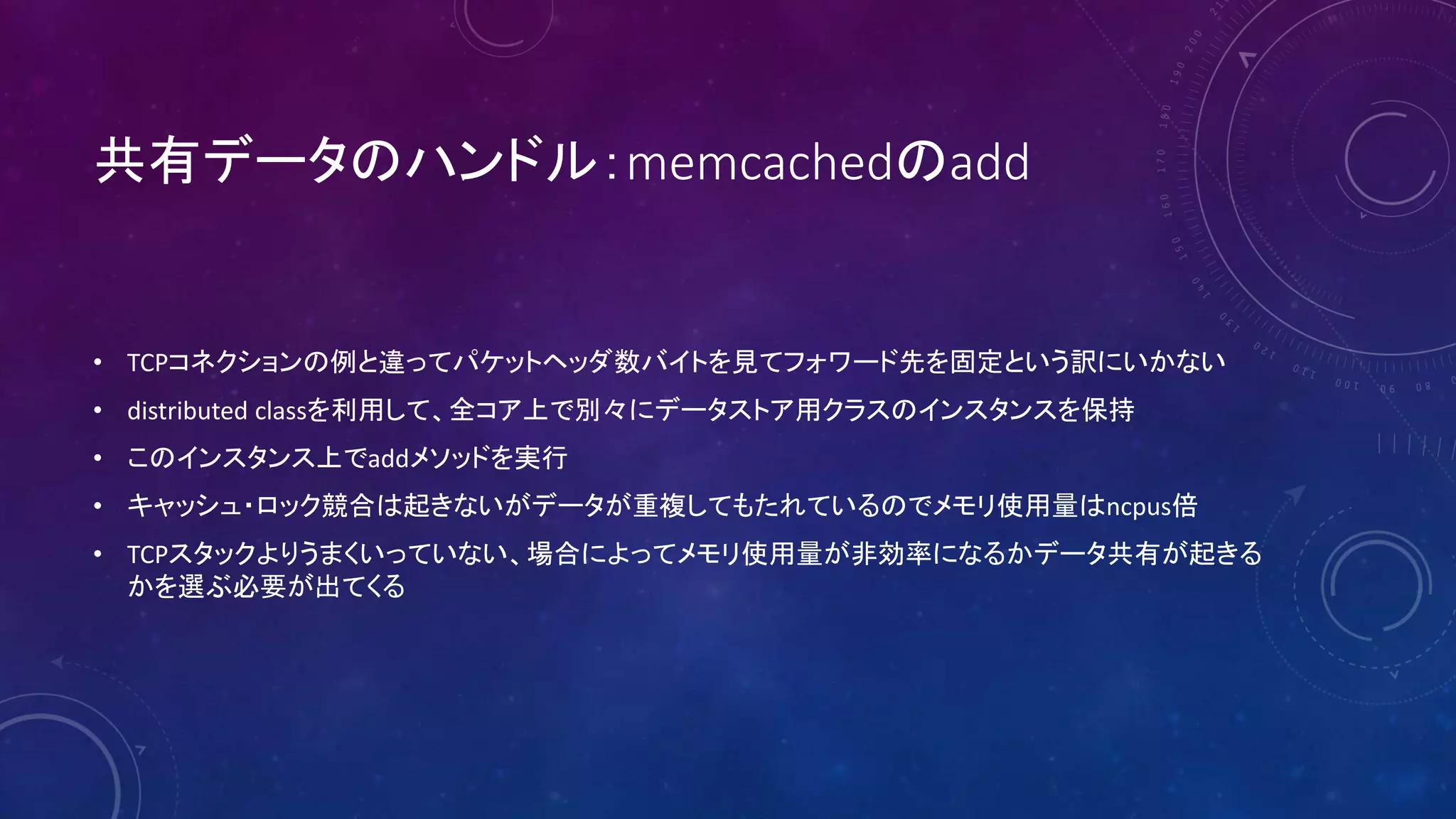 共有データのハンドル：memcachedのadd
• TCPコネクションの例と違ってパケットヘッダ数バイトを見てフォワード先を固定という訳にいかない
• distributed classを利用して、全コア上で別々にデータストア用クラスのインスタンスを保持
• このインスタンス上でaddメソッドを実行
• キャッシュ・ロック競合は起きないがデータが重複してもたれているのでメモリ使用量はncpus倍
• TCPスタックよりうまくいっていない、場合によってメモリ使用量が非効率になるかデータ共有が起きる
かを選ぶ必要が出てくる
 