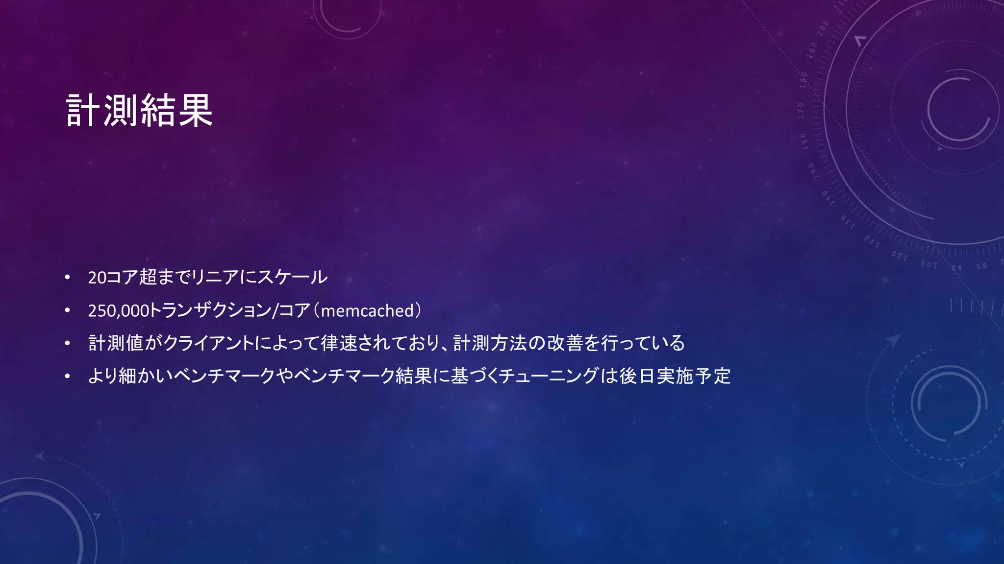 計測結果
• 20コア超までリニアにスケール
• 250,000トランザクション/コア（memcached）
• 計測値がクライアントによって律速されており、計測方法の改善を行っている
• より細かいベンチマークやベンチマーク結果に基づくチューニングは後日実施予定
 